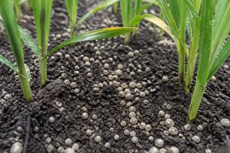 Karbamido granulės ant drėgnos dirvos tarp javų daigų iš arti